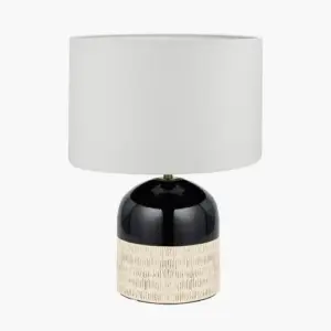 PL Lotta Black and Natural Stoneware Table Lamp Base with Lino 35cm White Self Lined Linen Cylinder Lampshade