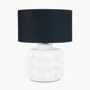 PL Serenity White Bobbled Ceramic Large Table Lamp Base with Harry 40cm Black Cotton Mix Cylinder Lampshade