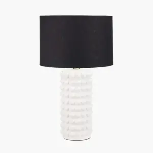 PL Sohan White Bobbled Ceramic Tall Table Lamp Base with Lino 40cm Black Self Lined Linen Cylinder Lampshade