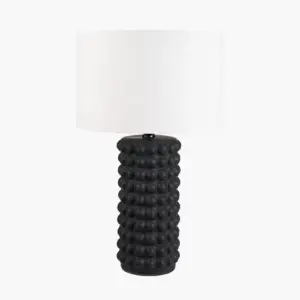 PL Sohan Black Bobbled Ceramic Tall Table Lamp Base with Lino 40cm White Self Lined Linen Cylinder Lampshade