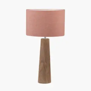 PL Esha Natural Conical Wood Table Lamp Base with Edward 35cm Apricot Linen Cylinder Lampshade