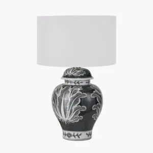 PL Asteria Black and White Feather Ceramic Urn Table Lamp Base with Henry 40cm White Handloom Cylinder Lampshade