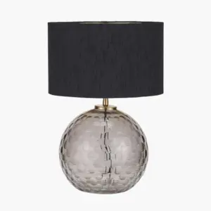 PL Camille Smoke Grey Circle Design Handcut Glass Table Lamp Base with Stellan 30cm Black Slubbed Silk Mix Gold Lined Cylinder Lampshade