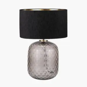 PL Camille Large Smoke Grey Circle Design Handcut Glass Table Lamp Base with Stellan 35cm Black Slubbed Silk Mix Gold Lined Cylinder Lampshade