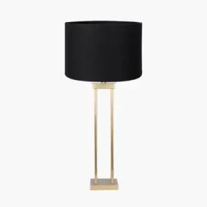 PL Langston Satin Brass Metal Column Table Lamp Base with Lino 40cm Black Self Lined Linen Cylinder Lampshade