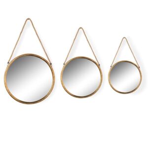 MG Large Round Gold Metal Mirror on Hanging Rope with Hook