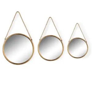 MG Medium Round Gold Metal Mirror on Hanging Rope with Hook