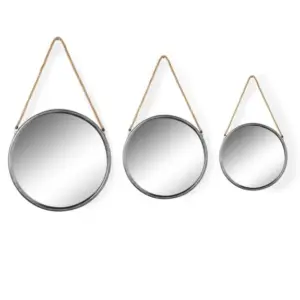 MG Large Round Silver/Champagne Metal Mirror on Hanging Rope with Hook