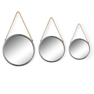 MG Medium Round Silver/Champagne Metal Mirror on Hanging Rope with Hook