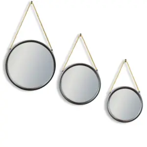 MG Large Round Black Metal Mirror on Hanging Rope with Hook