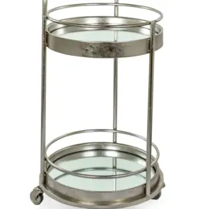 MG Antique Silver/Champagne Leaf Metal Small Round Bar Trolley with Mirror Shelves