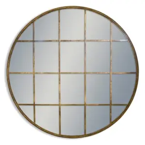 MG Large Antiqued Gold Round Metal Window Mirror