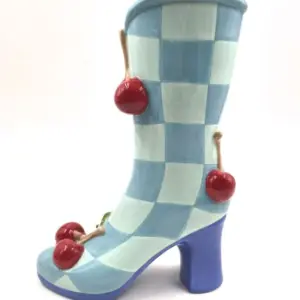 MG Large Blue Check w/ Cherries Ceramic Boot Vase