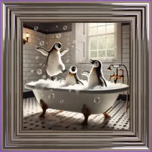 HE Penguin Bubble Bath Framed Wall Art