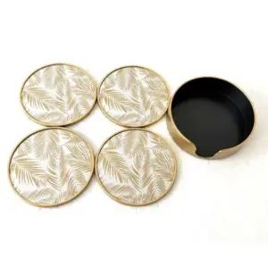MG Set of 4 Mirrored Tropical Leaf Round Coasters