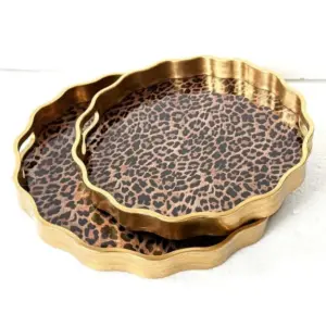 MG Waved Set of 2 Brushed Gold Leopard Print Serving Trays
