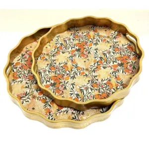 MG Waved Set of 2 Brushed Gold Cockatoo & Pomegranate Serving Trays