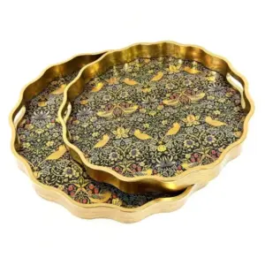 MG Waved Set of 2 Brushed Gold Strawberry Thief Serving Trays