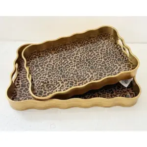 MG Rectangular Waved Set of 2 Brushed Gold Leopard Print Serving Trays