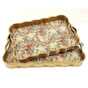 MG Rectangular Waved Set of 2 Brushed Gold Cockatoo & Pomegranate Serving Trays