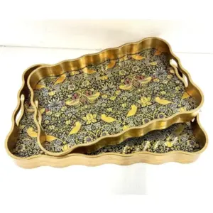 MG Rectangular Waved Set of 2 Brushed Gold Strawberry Thief Serving Trays