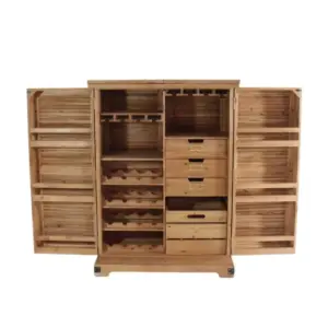 MG Rustic Slatted Wood Fold-Out Bar Cabinet